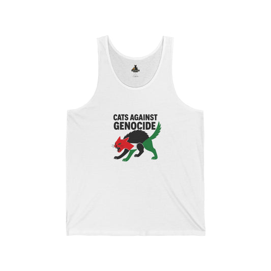 Cats Against Genocide Unisex Jersey Tank - Empowering Apparel for Animal Lovers, Activists, Casual Wear, Gift Idea, Pride Wear