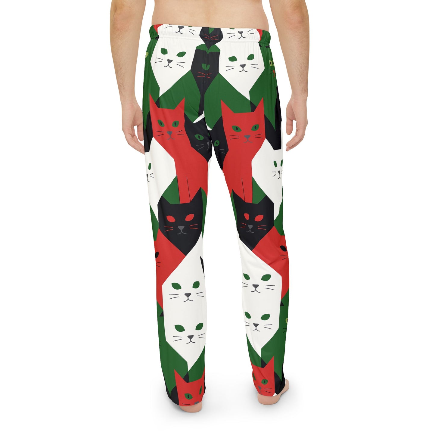 Holiday Cat Pajama Pants — Red Green Black All-Over Print