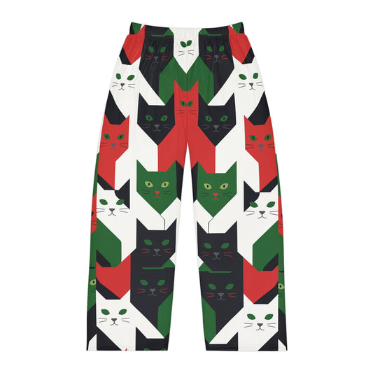 Holiday Cat Pajama Pants — Red Green Black All-Over Print