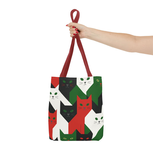 Cats Tote Bag: Red, Green & Black Geometric Cat Pattern All-Over Print Tote