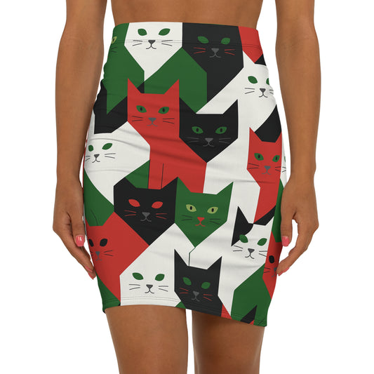 Women's Mid-Waist Cat Pencil Skirt (AOP)