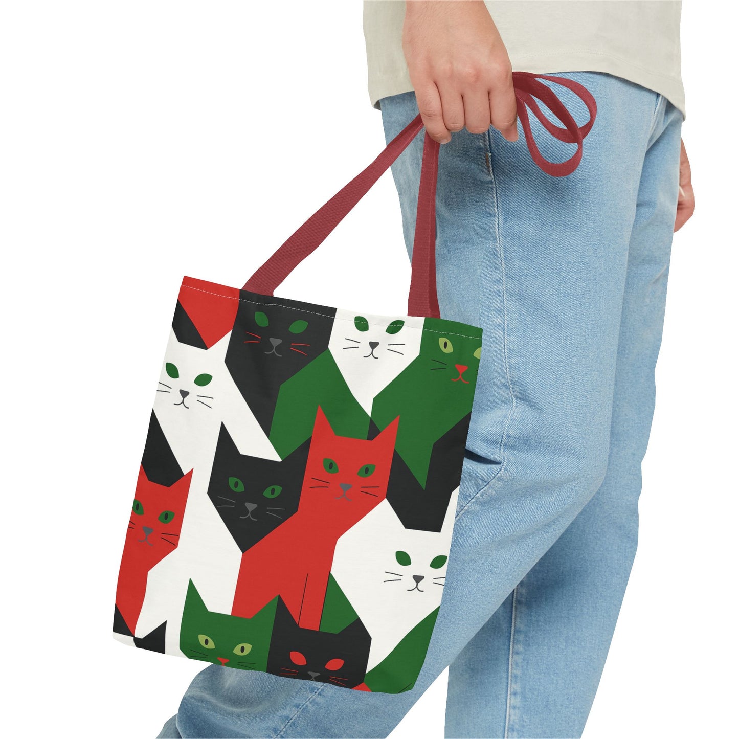 Cats Tote Bag: Red, Green & Black Geometric Cat Pattern All-Over Print Tote