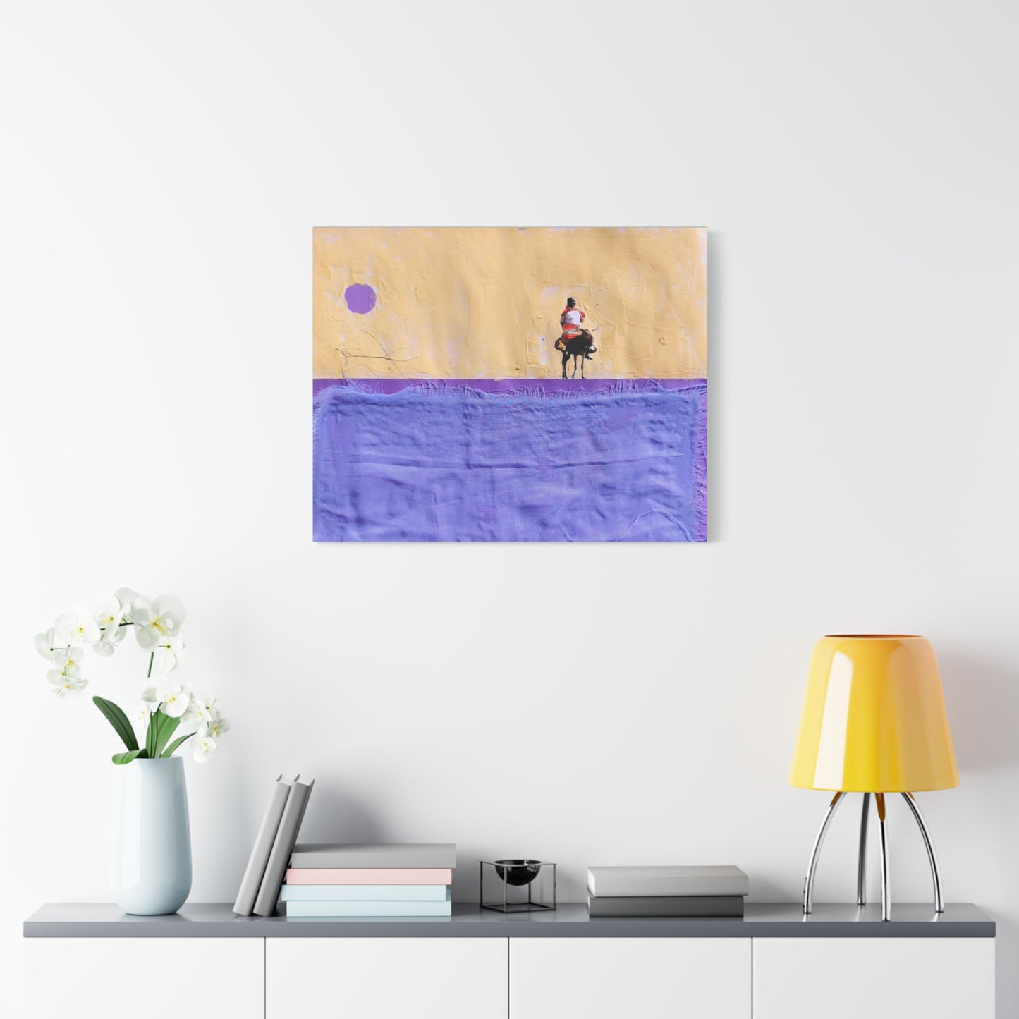 Sudan Desert Rider Canvas Print  Minimalist Purple & Sand Stretched Wall Art