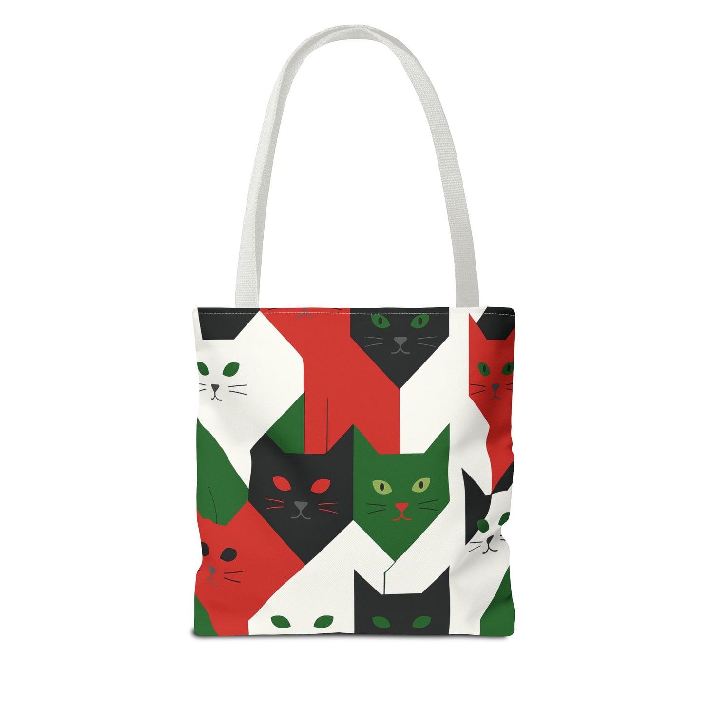 Cats Tote Bag: Red, Green & Black Geometric Cat Pattern All-Over Print Tote