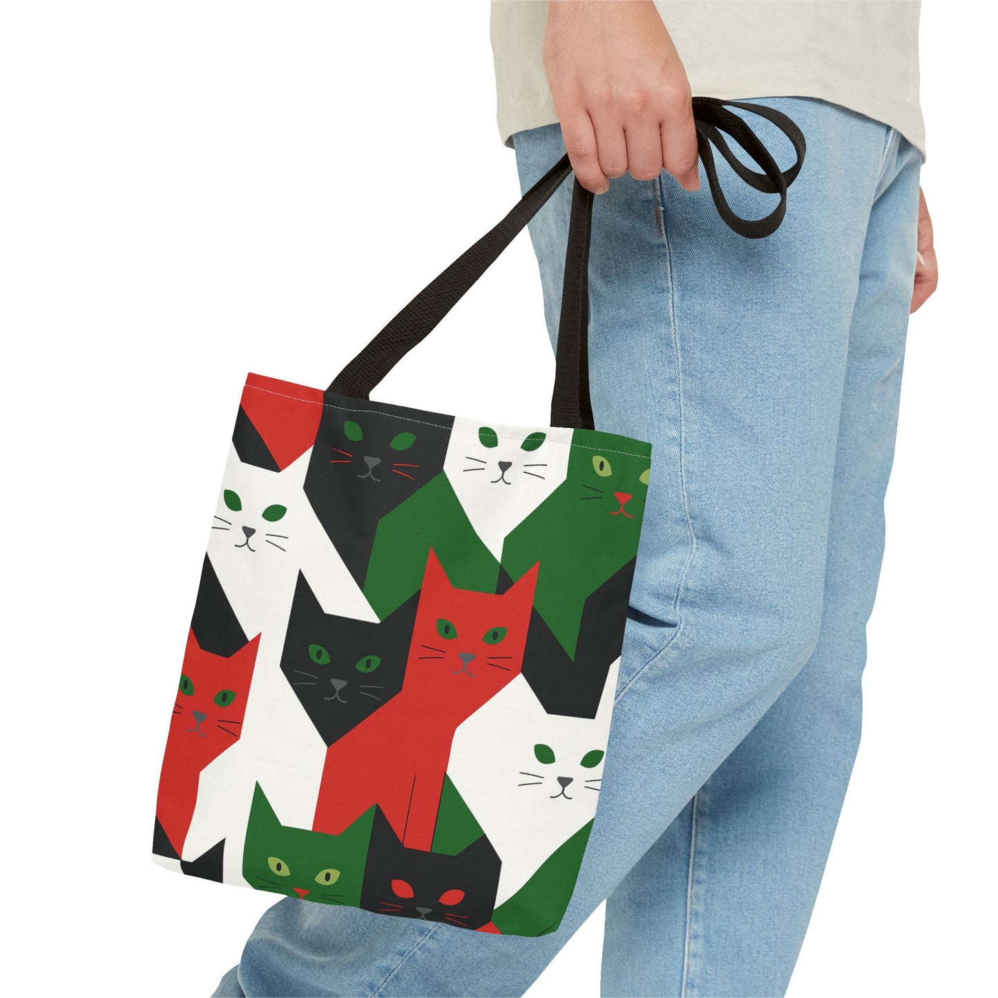 Cats Tote Bag: Red, Green & Black Geometric Cat Pattern All-Over Print Tote
