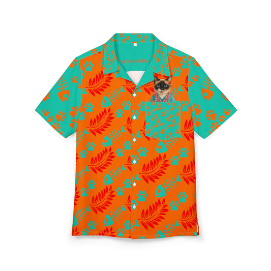 Hawaiian Cat Pocket Shirt — Tropical Cat Print Button-Down