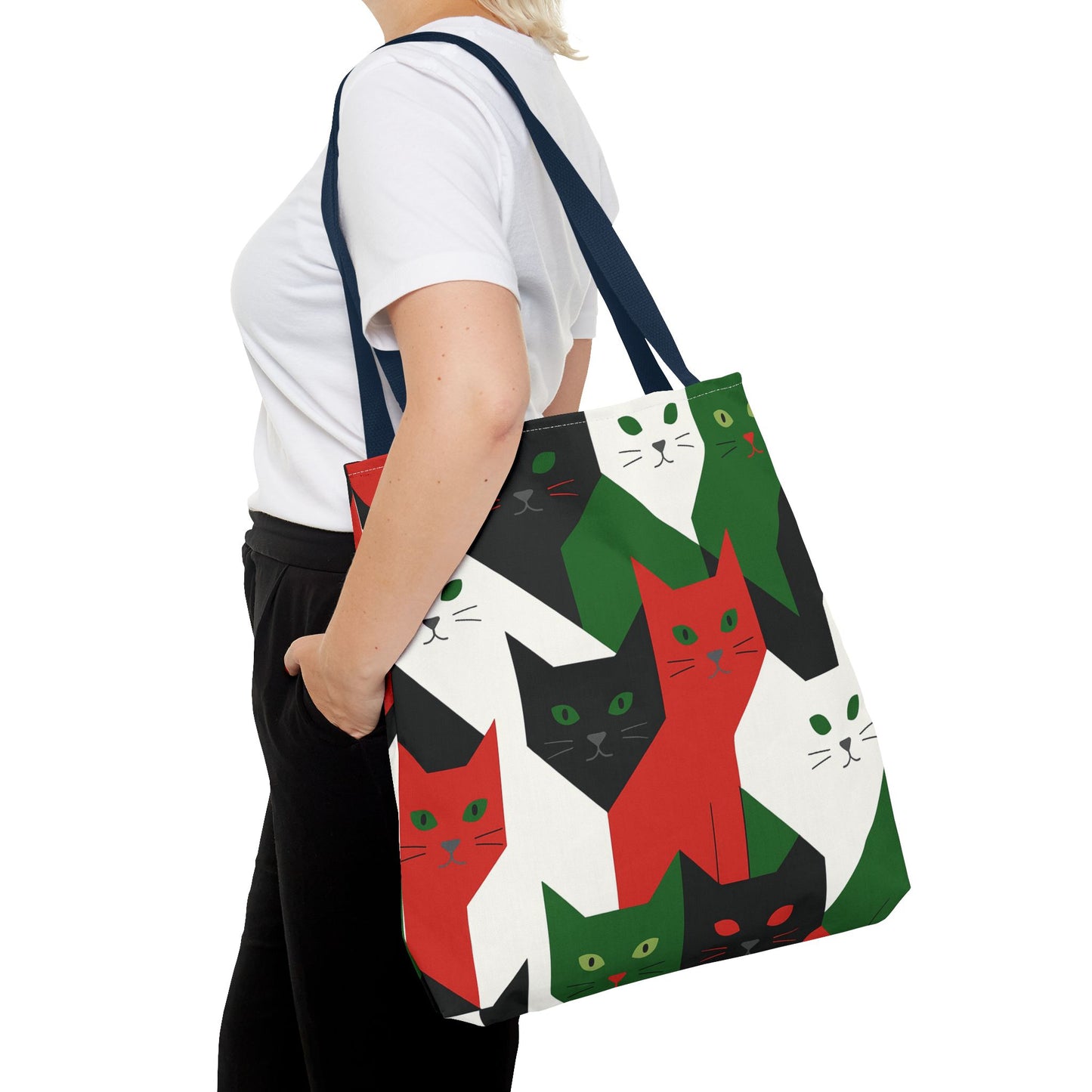 Cats Tote Bag: Red, Green & Black Geometric Cat Pattern All-Over Print Tote
