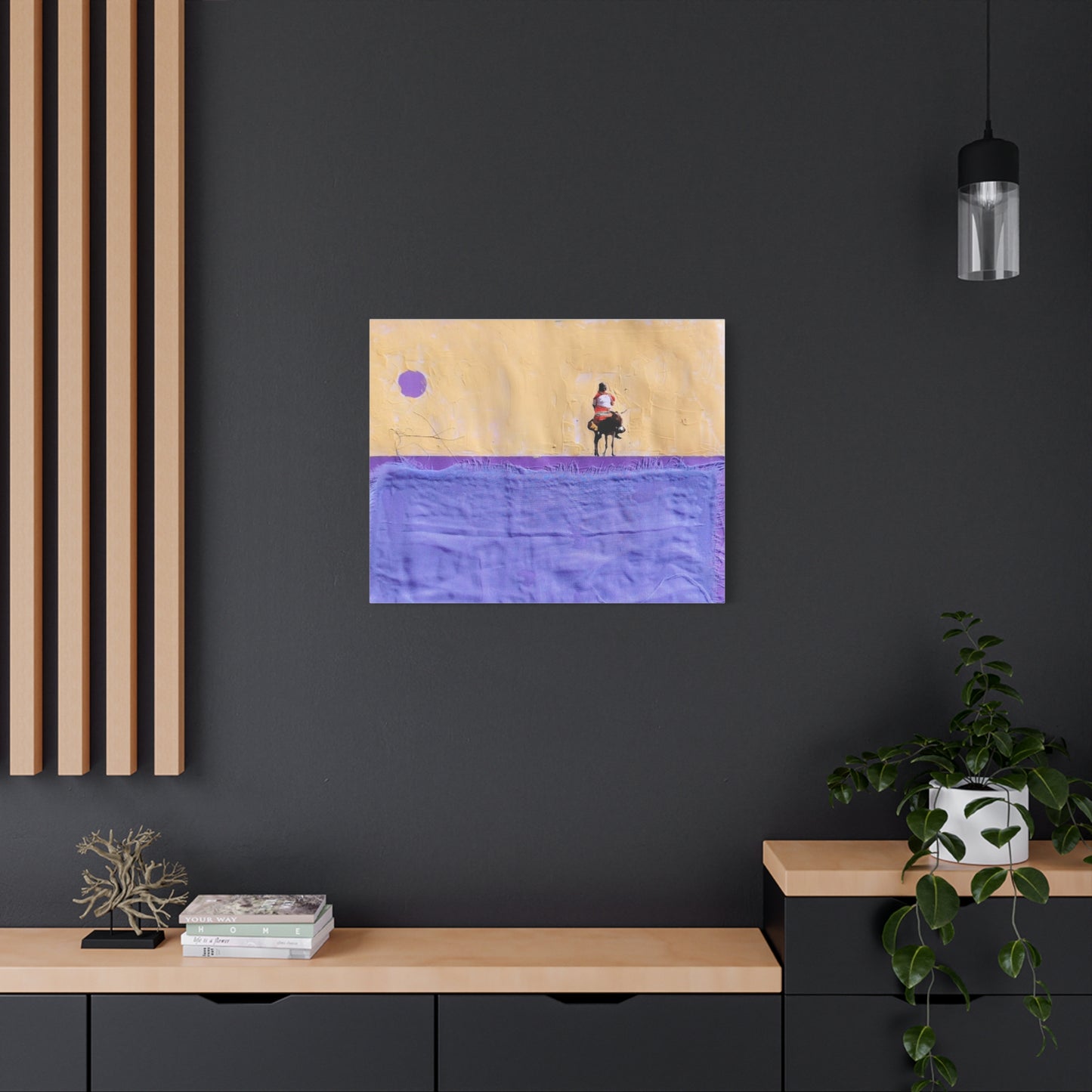 Sudan Desert Rider Canvas Print  Minimalist Purple & Sand Stretched Wall Art