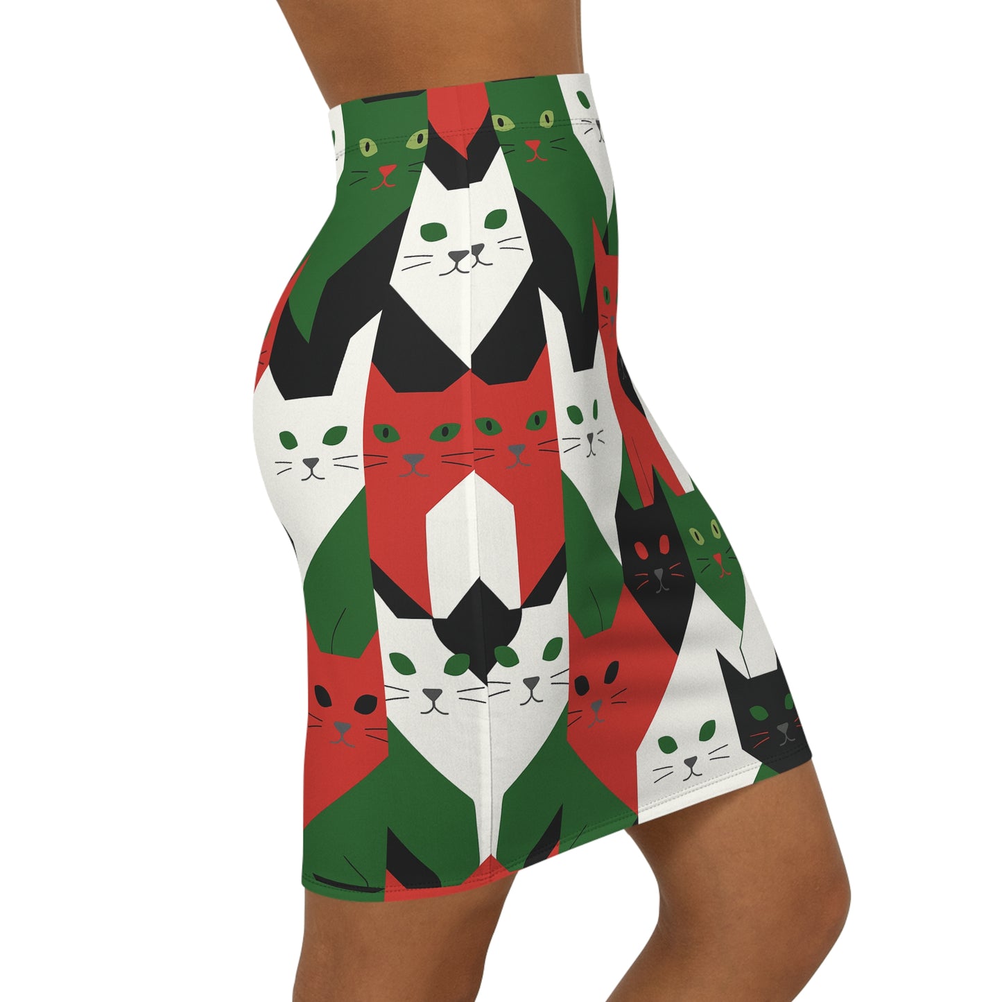 Women's Mid-Waist Cat Pencil Skirt (AOP)