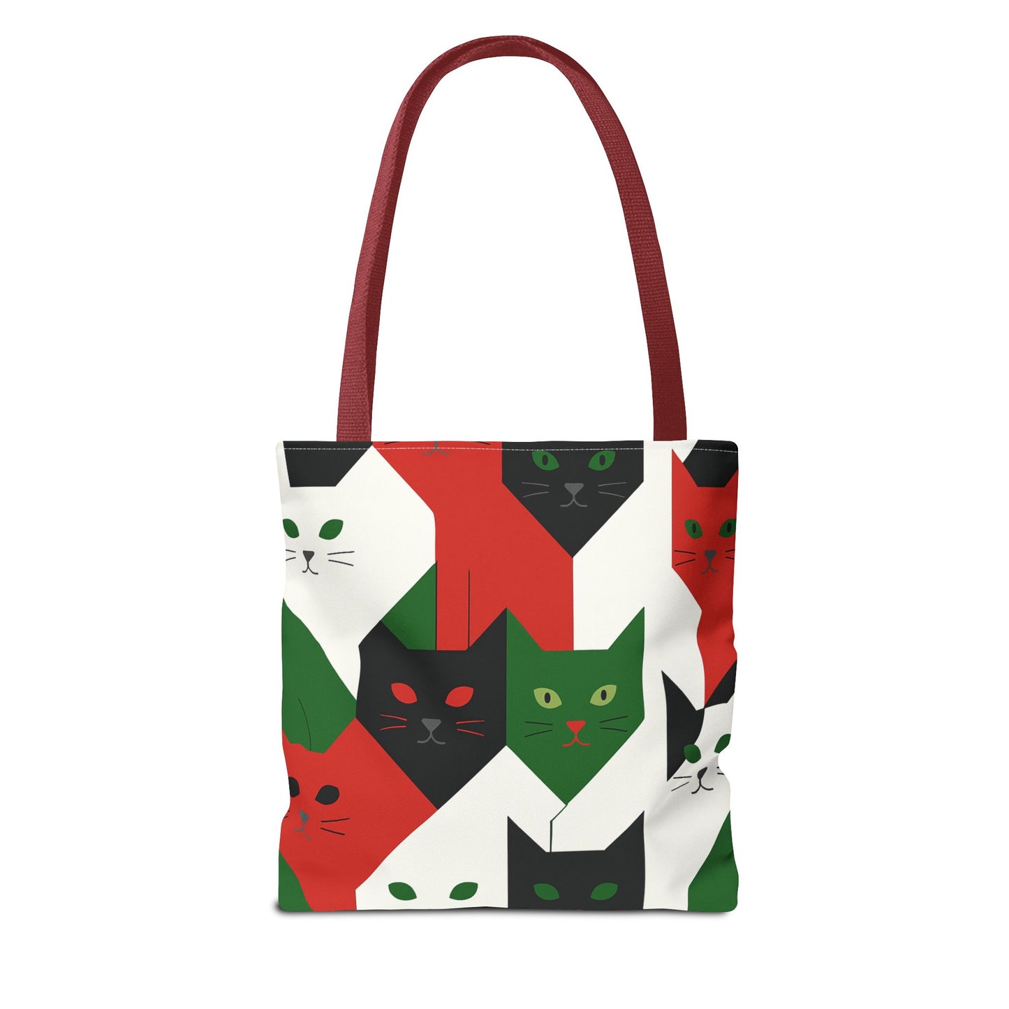 Cats Tote Bag: Red, Green & Black Geometric Cat Pattern All-Over Print Tote
