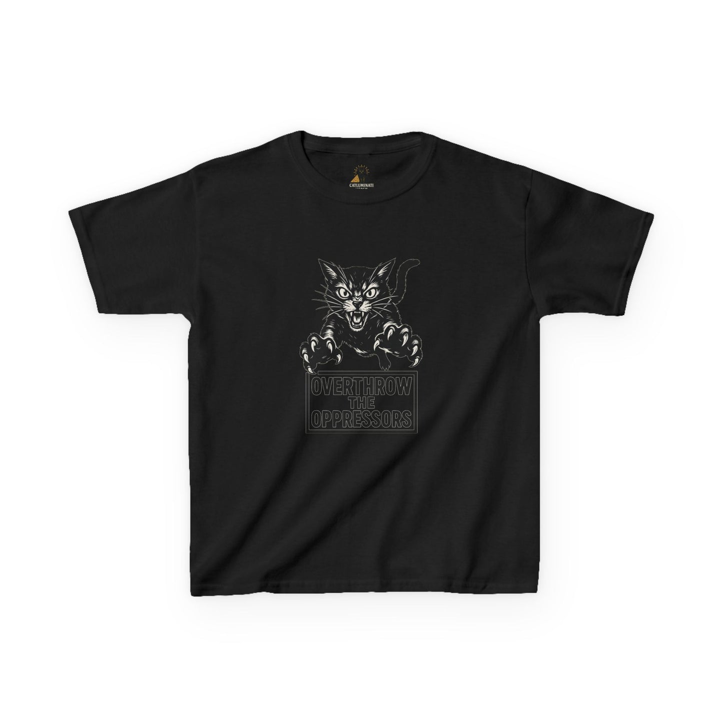 Rebel Cat Kids Tee - Overthrow the Oppressors, Funny Kids T-Shirt, Youth Graphic Tee, Gift for Animal Lovers, Cute Cat Shirt
