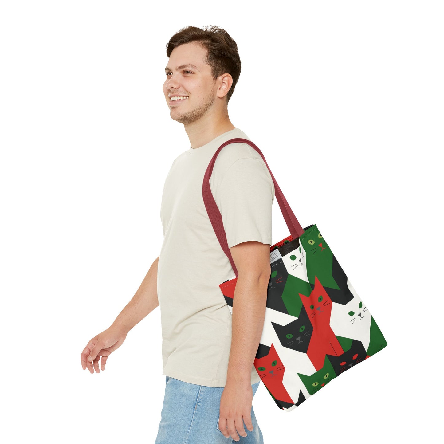 Cats Tote Bag: Red, Green & Black Geometric Cat Pattern All-Over Print Tote