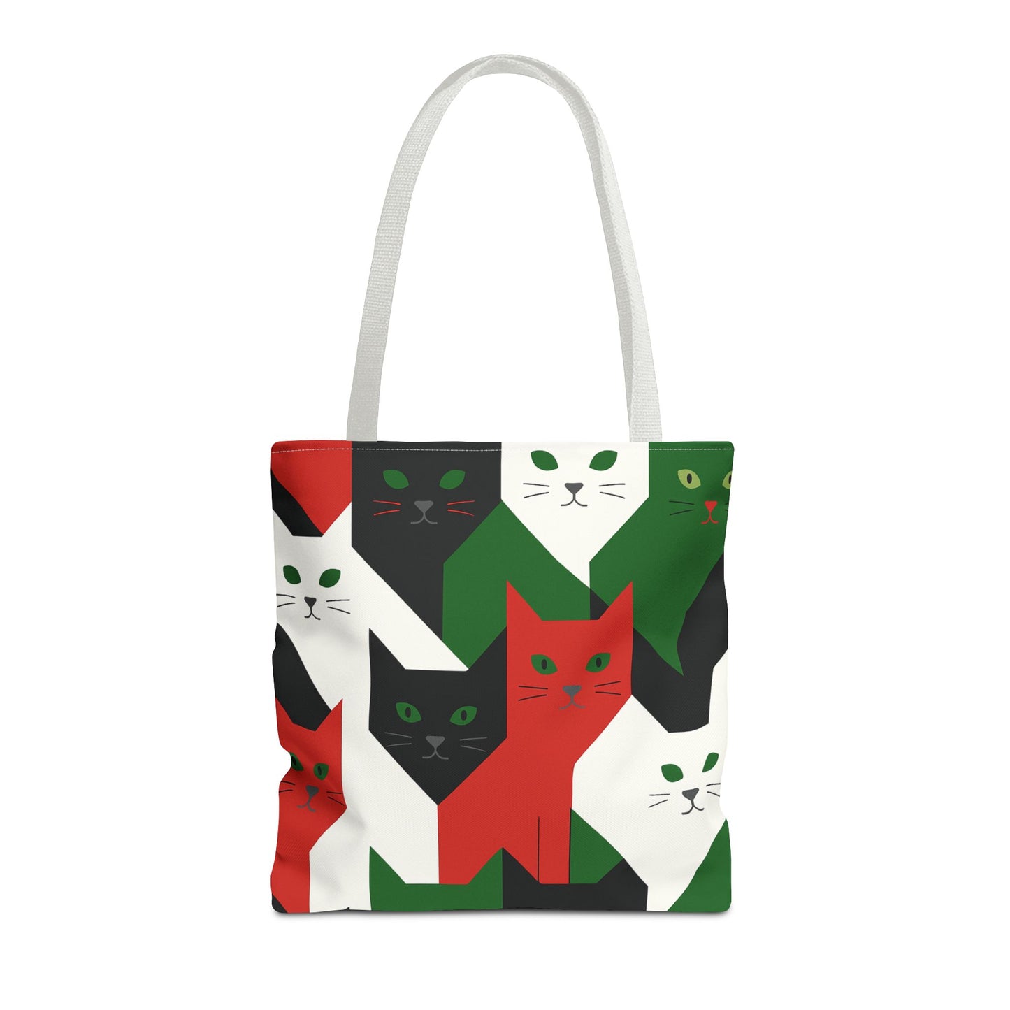Cats Tote Bag: Red, Green & Black Geometric Cat Pattern All-Over Print Tote