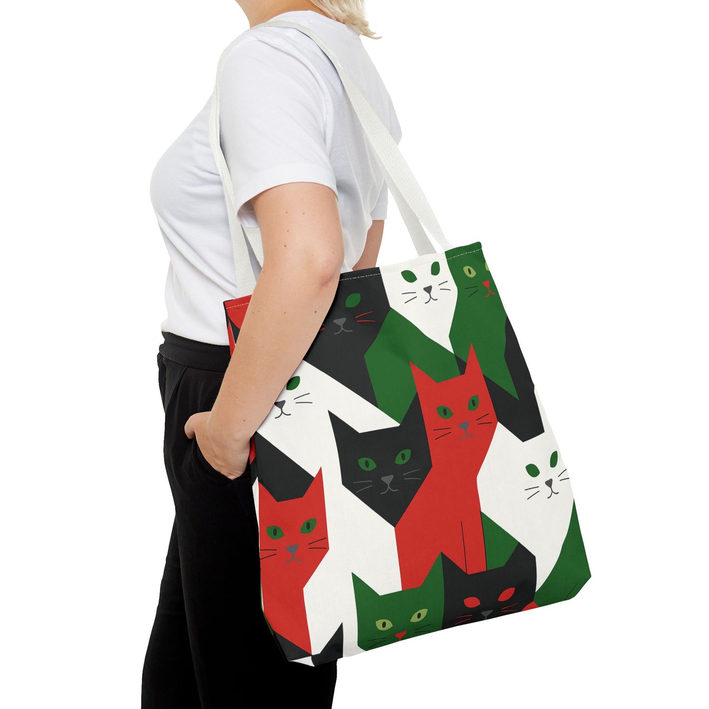 Cats Tote Bag: Red, Green & Black Geometric Cat Pattern All-Over Print Tote