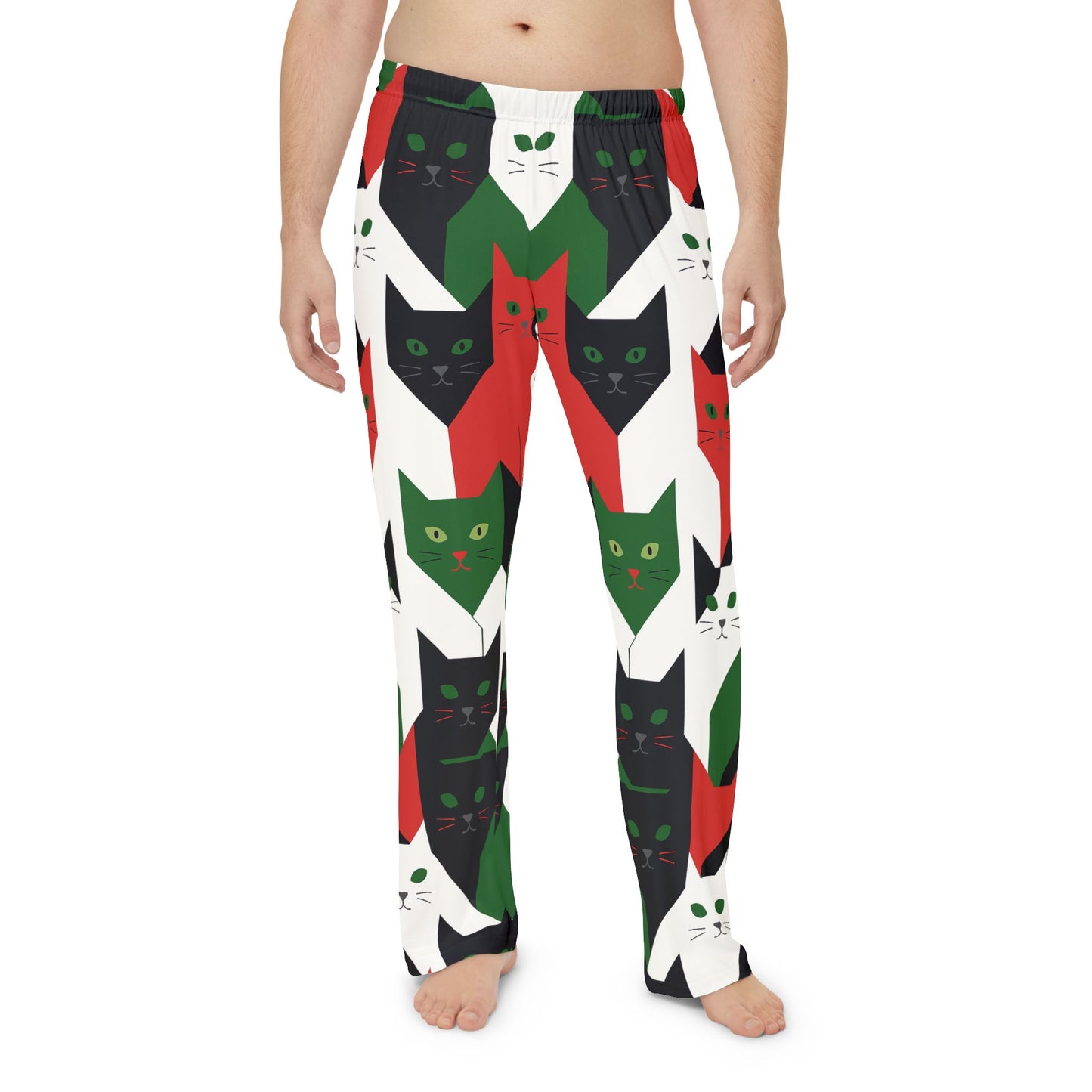Holiday Cat Pajama Pants — Red Green Black All-Over Print