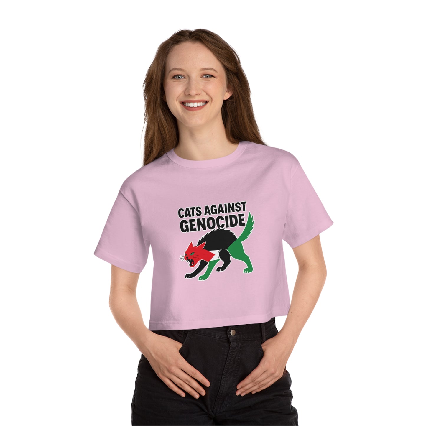 Champion Women's Cropped Tee - Cats Against Genocide Shirt, Activism Apparel, Cute Cat Top, Statement T-Shirt, Eco-Conscious Fashion
