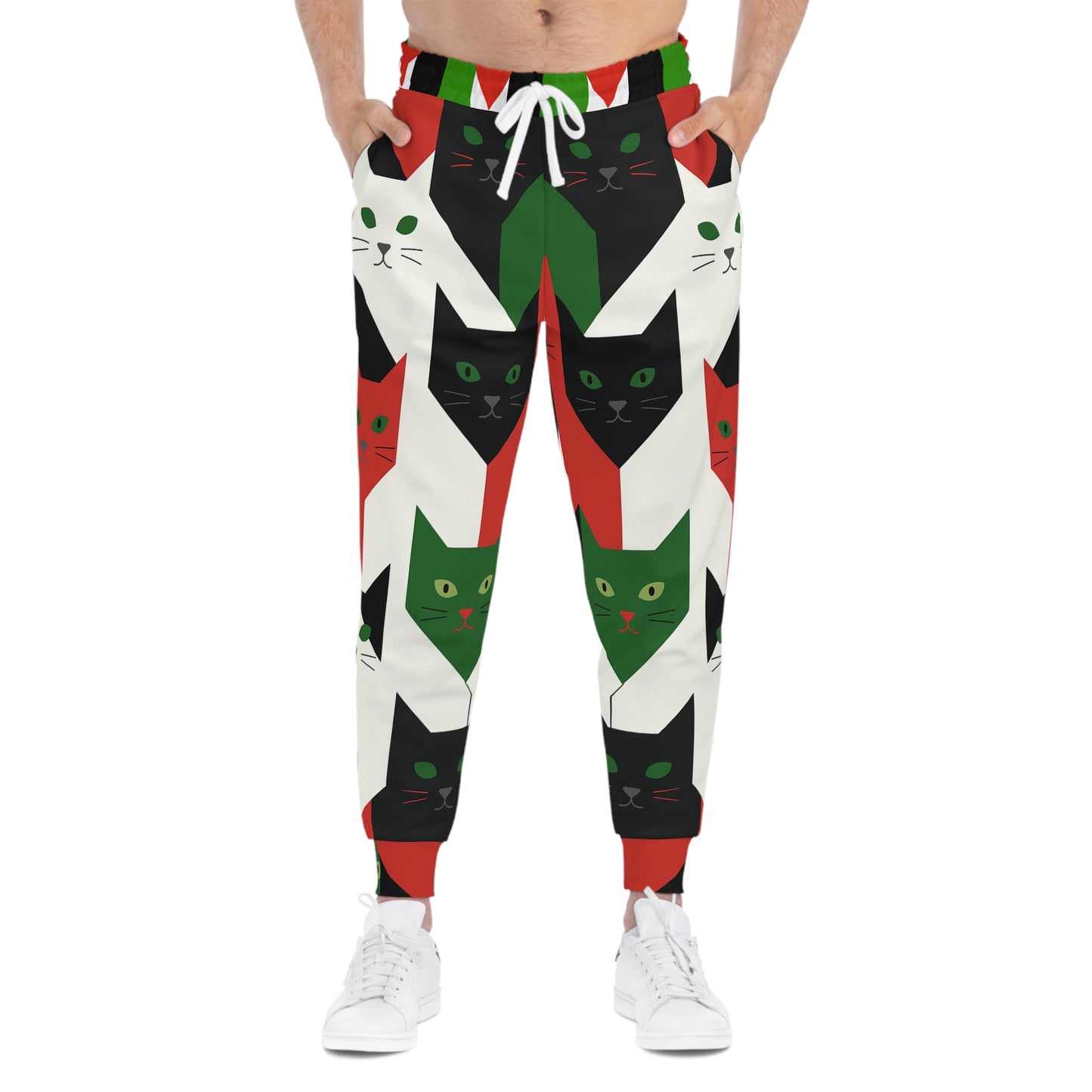 Palestine Holiday Cat Print Joggers — Red, Green & Black All-Over-Print Athletic Pants