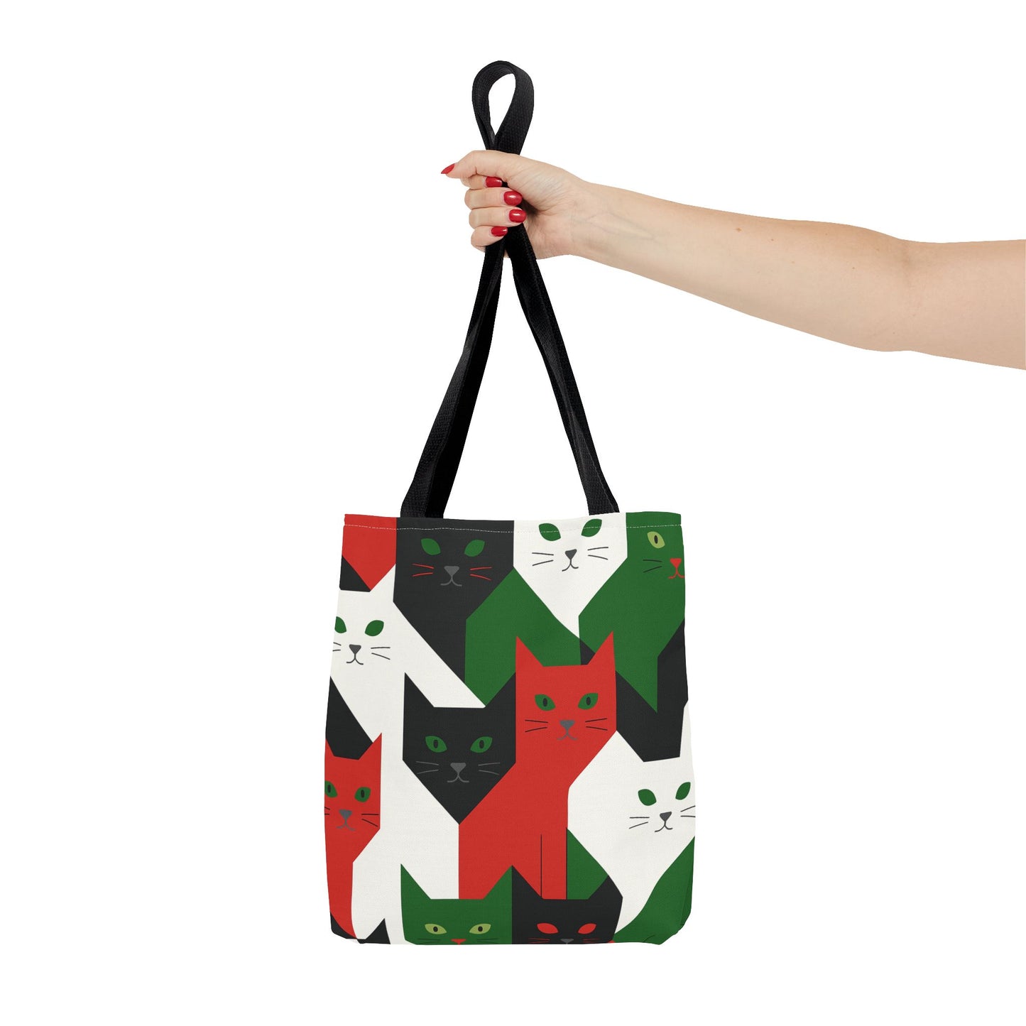 Cats Tote Bag: Red, Green & Black Geometric Cat Pattern All-Over Print Tote
