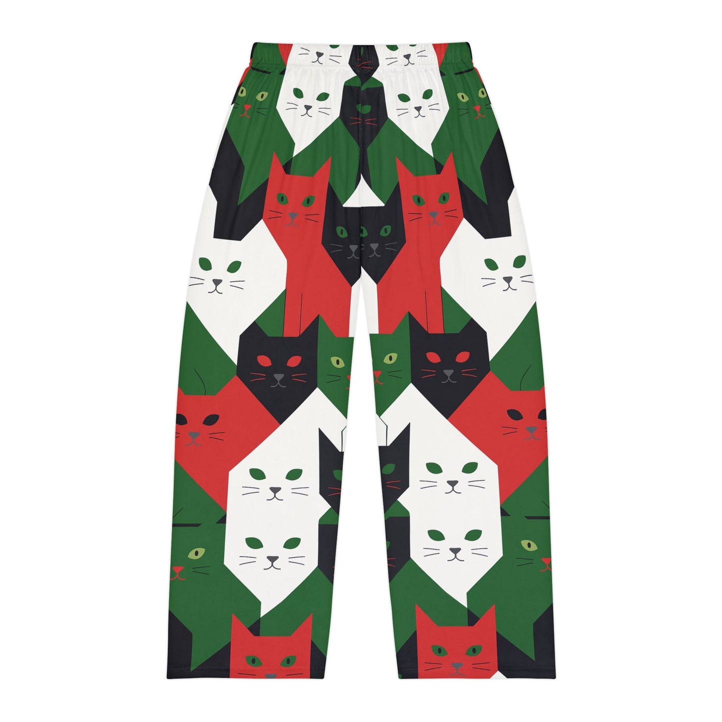 Holiday Cat Pajama Pants — Red Green Black All-Over Print