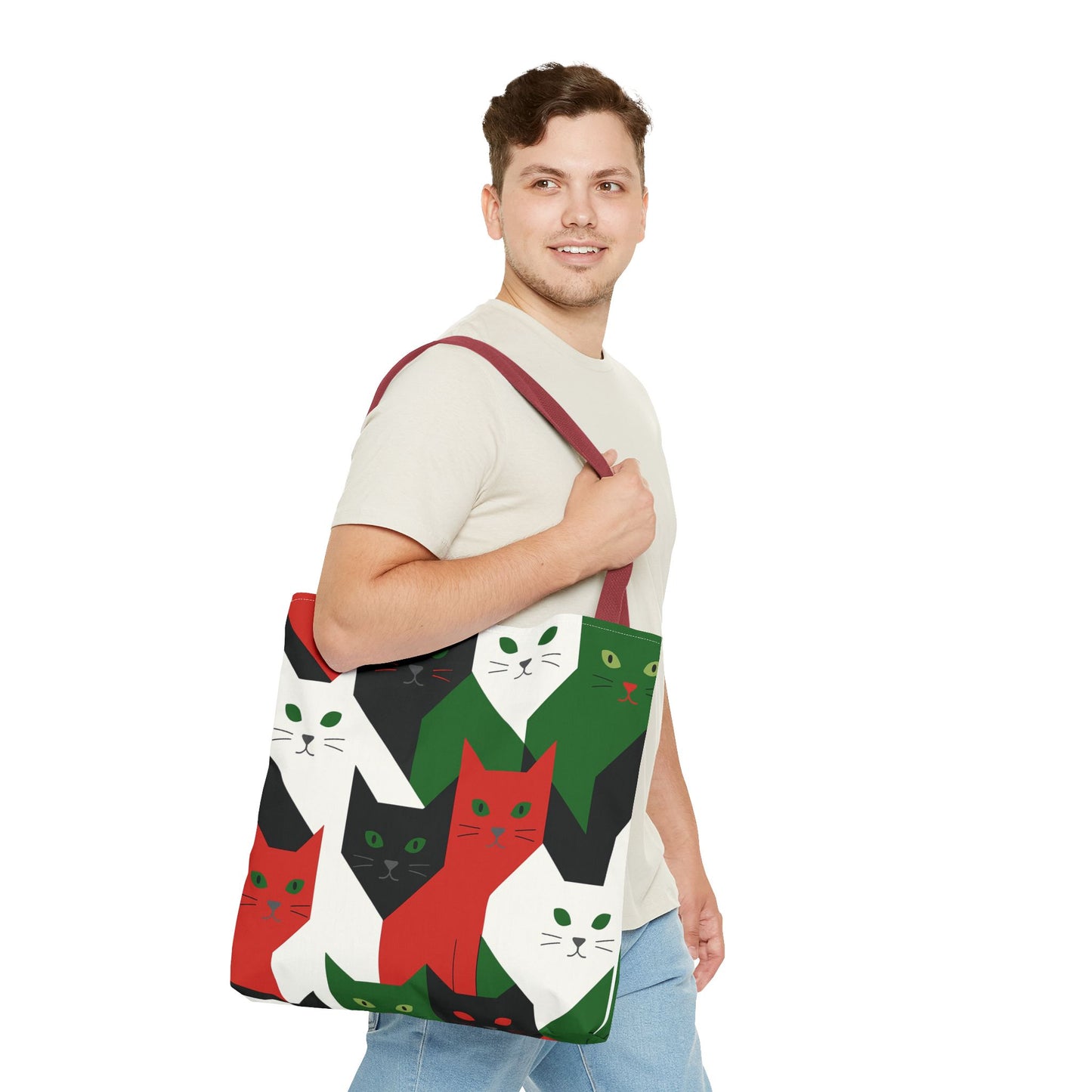 Cats Tote Bag: Red, Green & Black Geometric Cat Pattern All-Over Print Tote