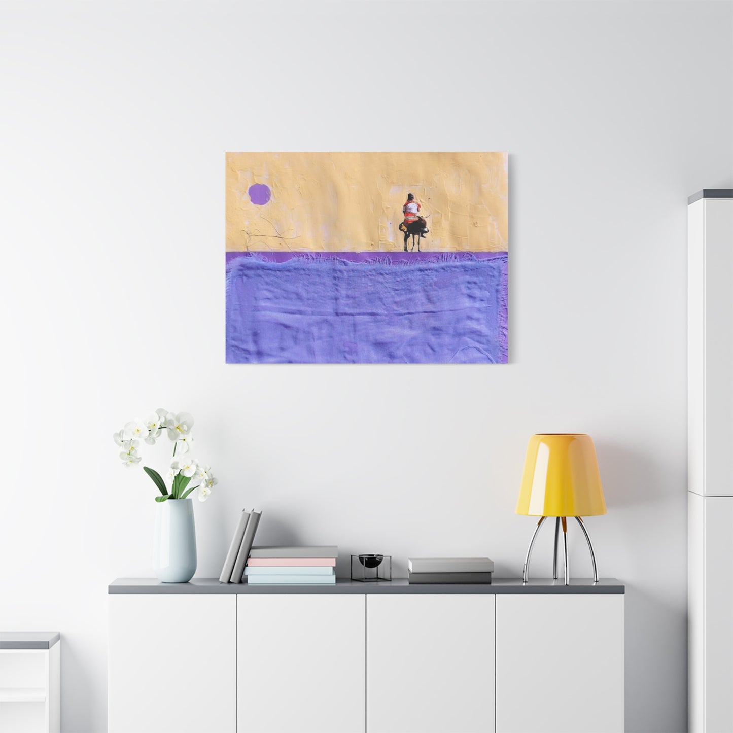 Sudan Desert Rider Canvas Print  Minimalist Purple & Sand Stretched Wall Art