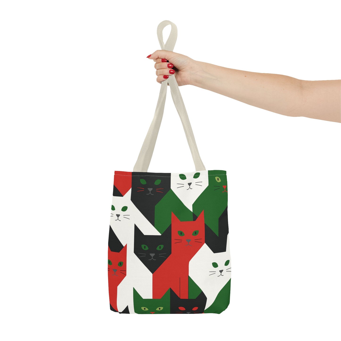 Cats Tote Bag: Red, Green & Black Geometric Cat Pattern All-Over Print Tote