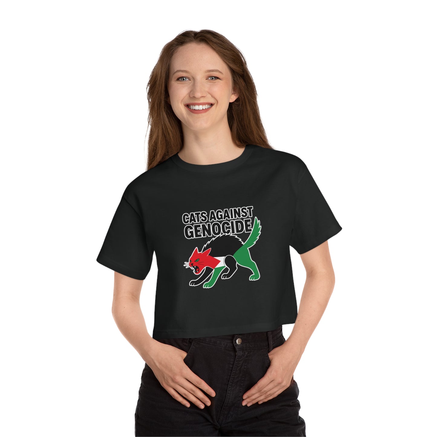 Champion Women's Cropped Tee - Cats Against Genocide Shirt, Activism Apparel, Cute Cat Top, Statement T-Shirt, Eco-Conscious Fashion