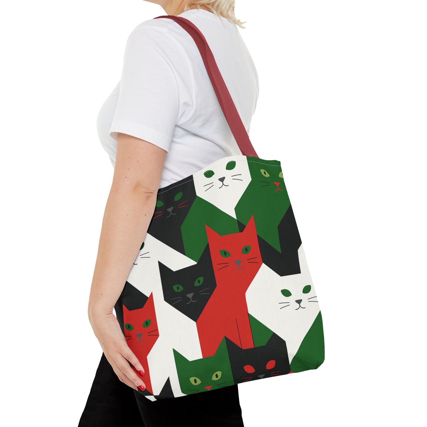 Cats Tote Bag: Red, Green & Black Geometric Cat Pattern All-Over Print Tote