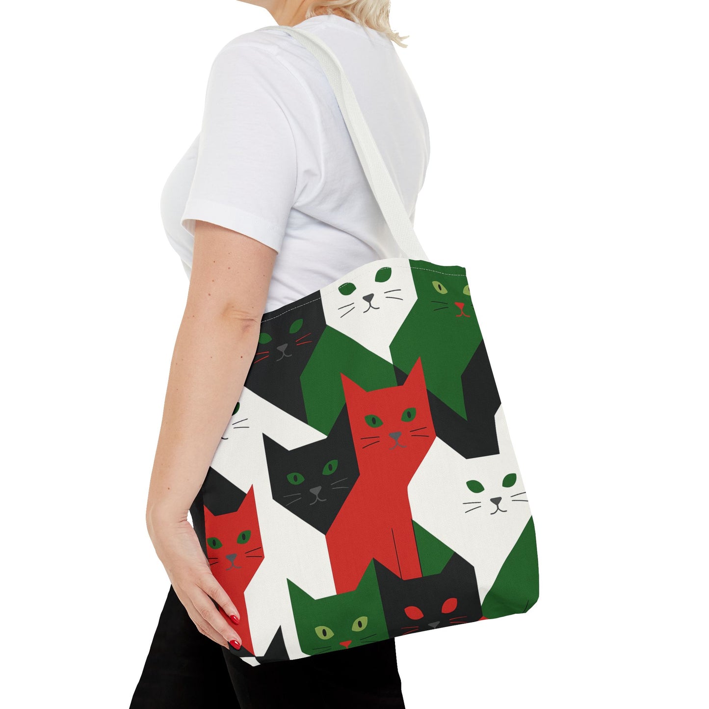 Cats Tote Bag: Red, Green & Black Geometric Cat Pattern All-Over Print Tote