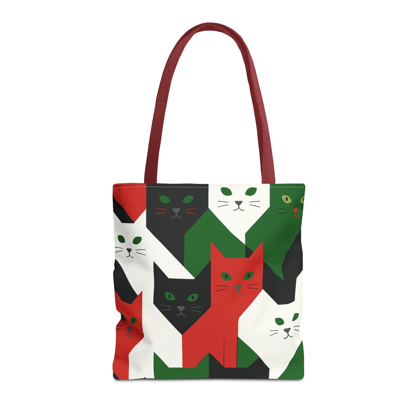Cats Tote Bag: Red, Green & Black Geometric Cat Pattern All-Over Print Tote
