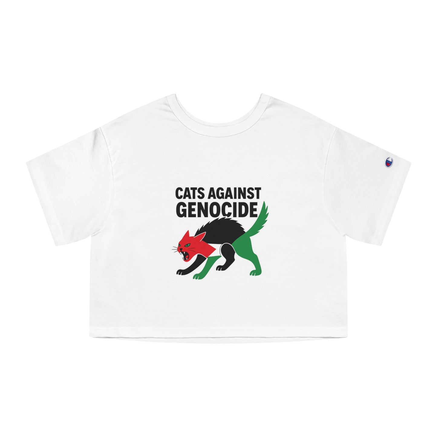 Champion Women's Cropped Tee - Cats Against Genocide Shirt, Activism Apparel, Cute Cat Top, Statement T-Shirt, Eco-Conscious Fashion