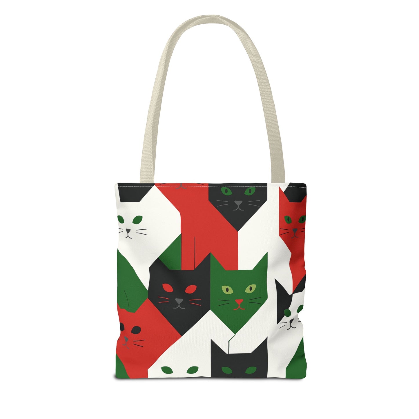 Cats Tote Bag: Red, Green & Black Geometric Cat Pattern All-Over Print Tote