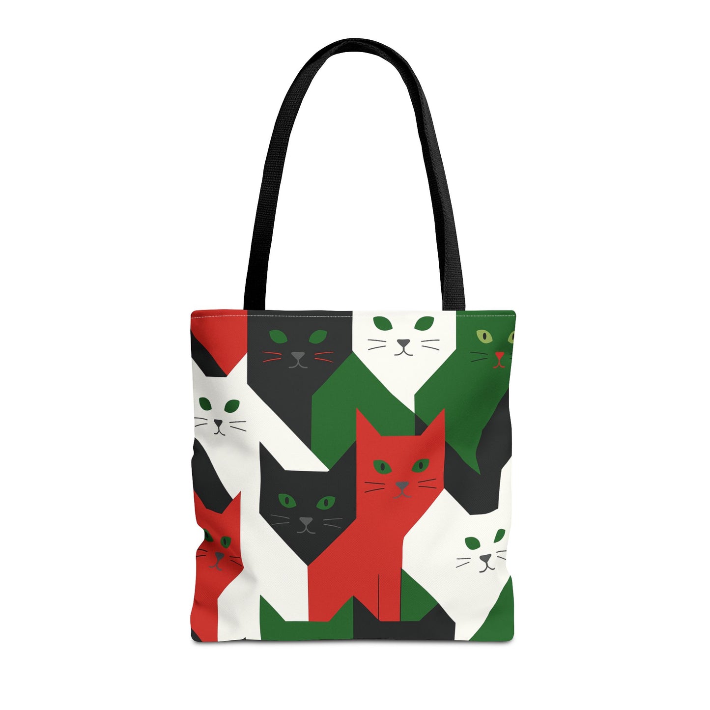 Cats Tote Bag: Red, Green & Black Geometric Cat Pattern All-Over Print Tote