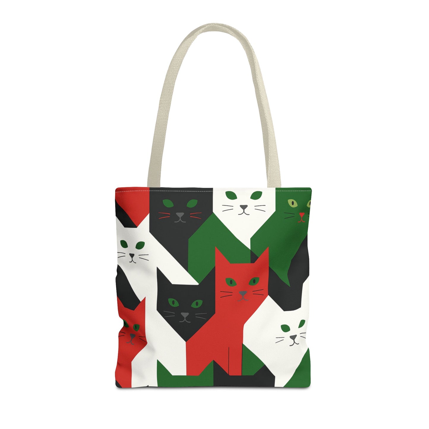 Cats Tote Bag: Red, Green & Black Geometric Cat Pattern All-Over Print Tote