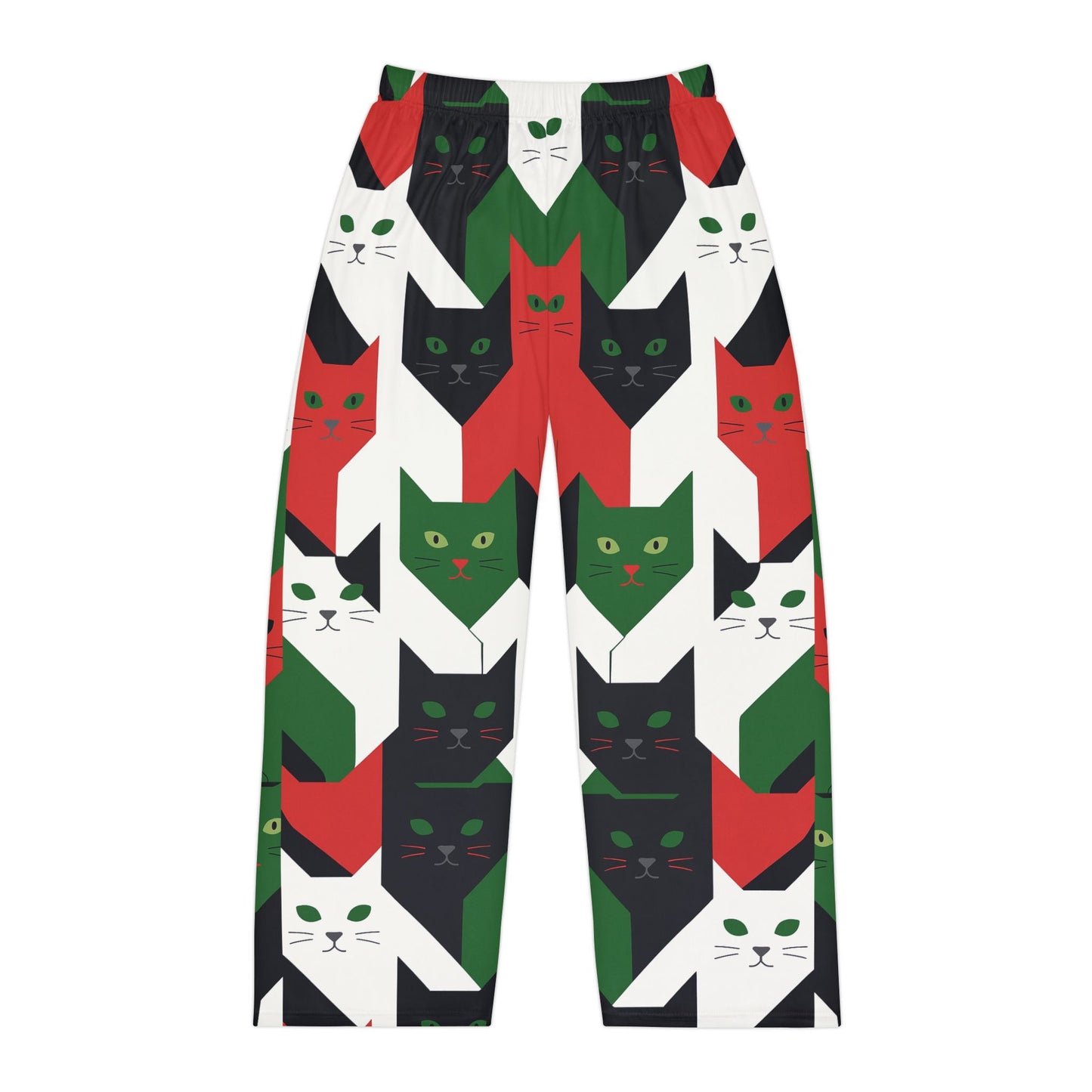 Holiday Cat Pajama Pants — Red Green Black All-Over Print