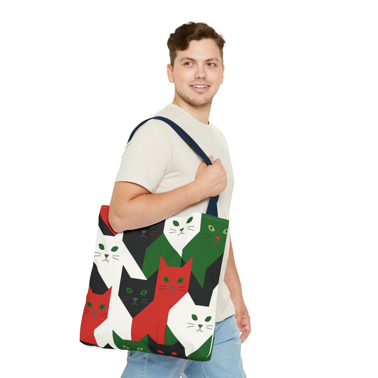 Cats Tote Bag: Red, Green & Black Geometric Cat Pattern All-Over Print Tote