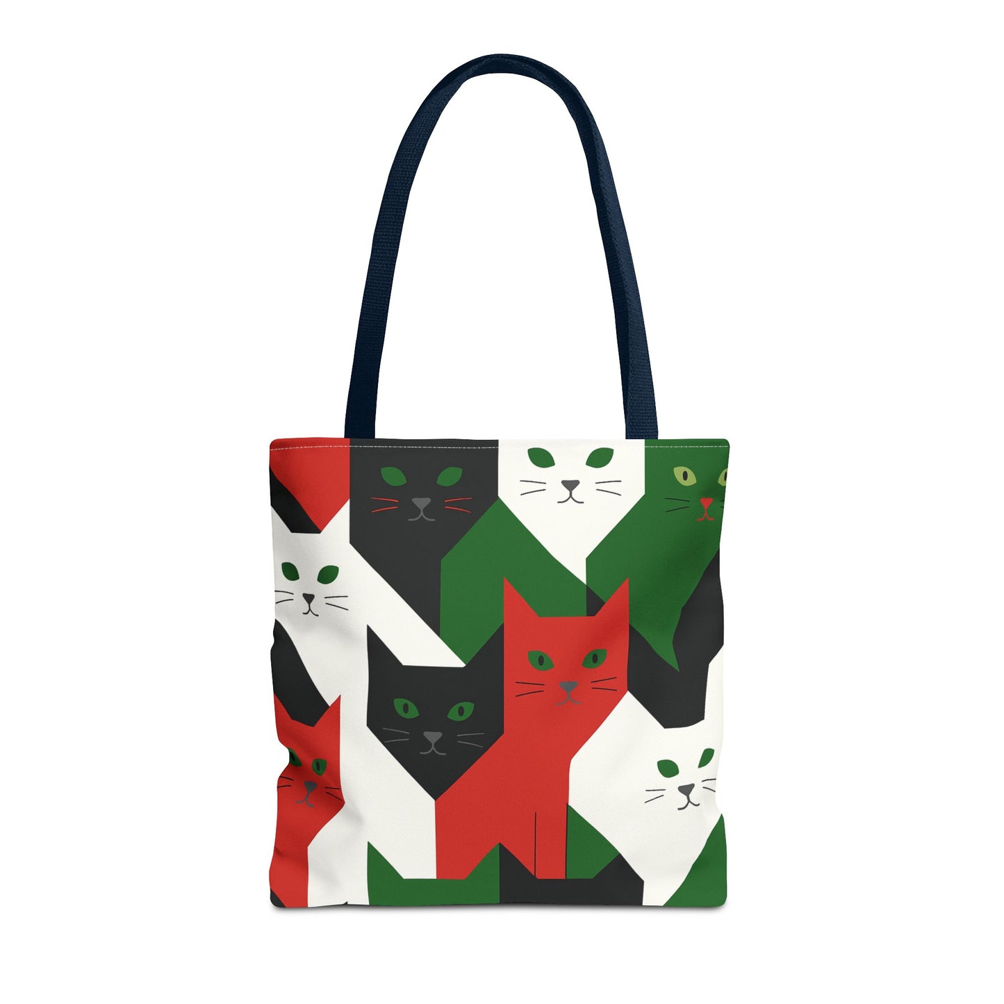 Cats Tote Bag: Red, Green & Black Geometric Cat Pattern All-Over Print Tote