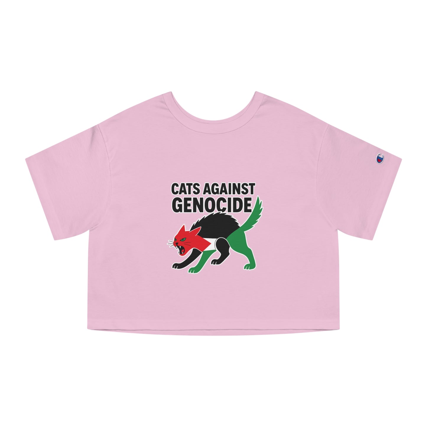 Champion Women's Cropped Tee - Cats Against Genocide Shirt, Activism Apparel, Cute Cat Top, Statement T-Shirt, Eco-Conscious Fashion