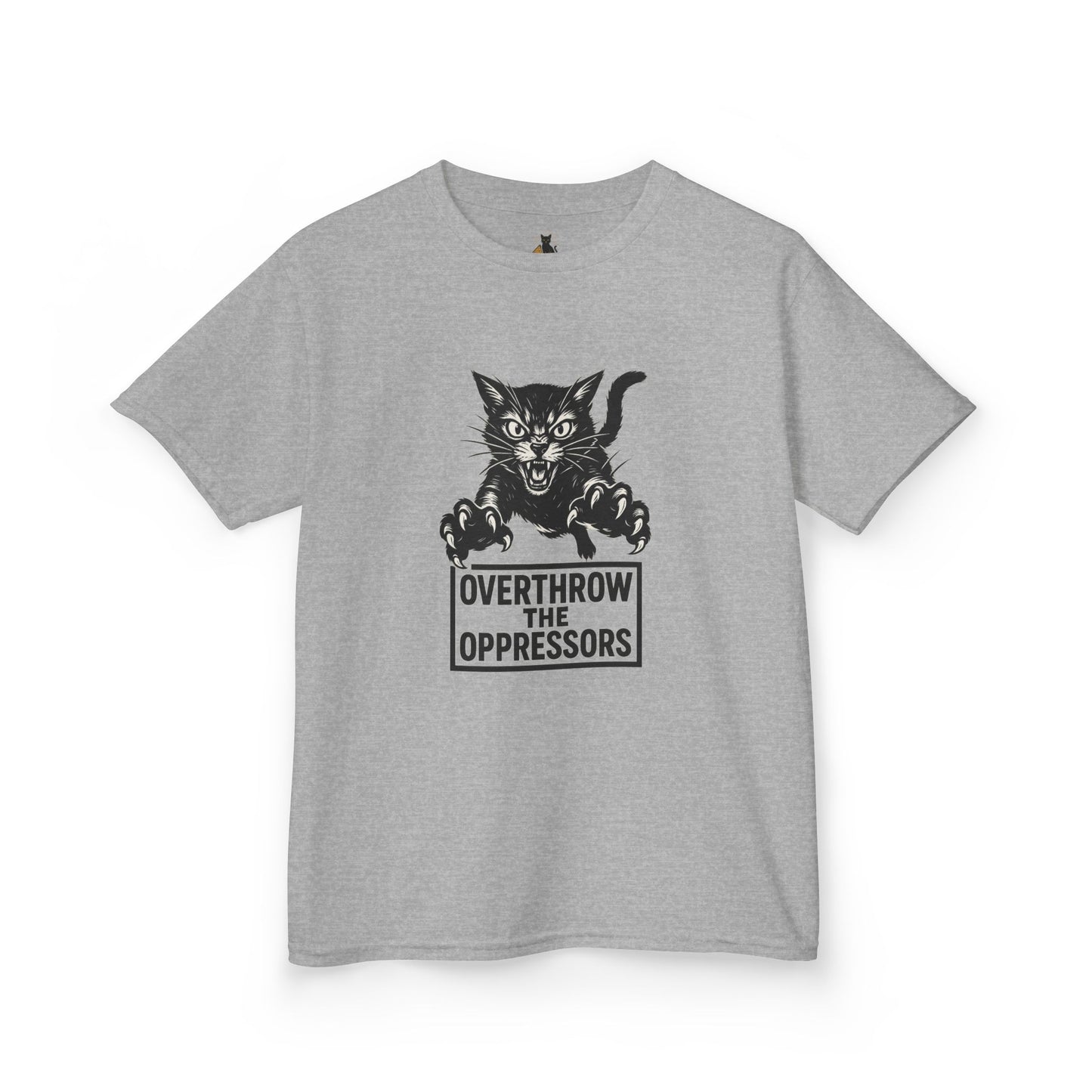 Rebel Cat Kids Tee - Overthrow the Oppressors, Funny Kids T-Shirt, Youth Graphic Tee, Gift for Animal Lovers, Cute Cat Shirt