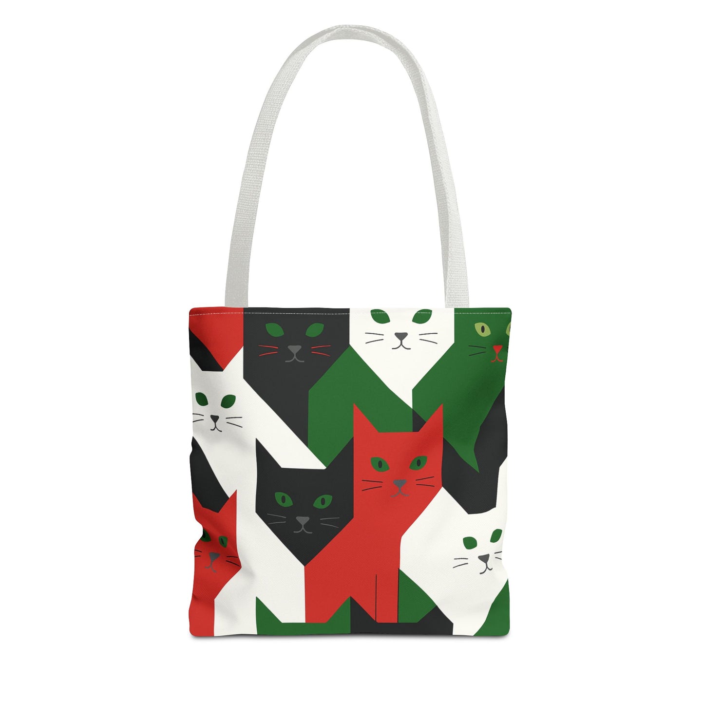 Cats Tote Bag: Red, Green & Black Geometric Cat Pattern All-Over Print Tote