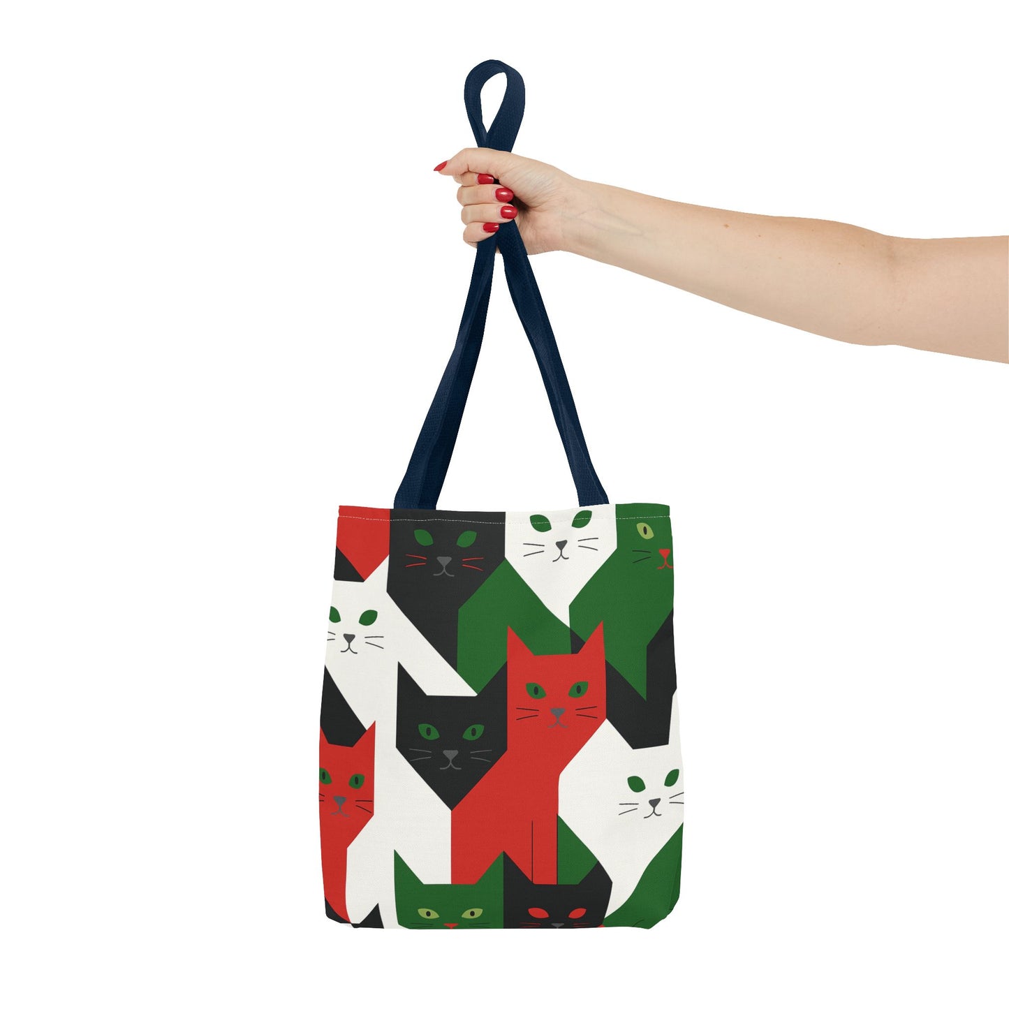Cats Tote Bag: Red, Green & Black Geometric Cat Pattern All-Over Print Tote