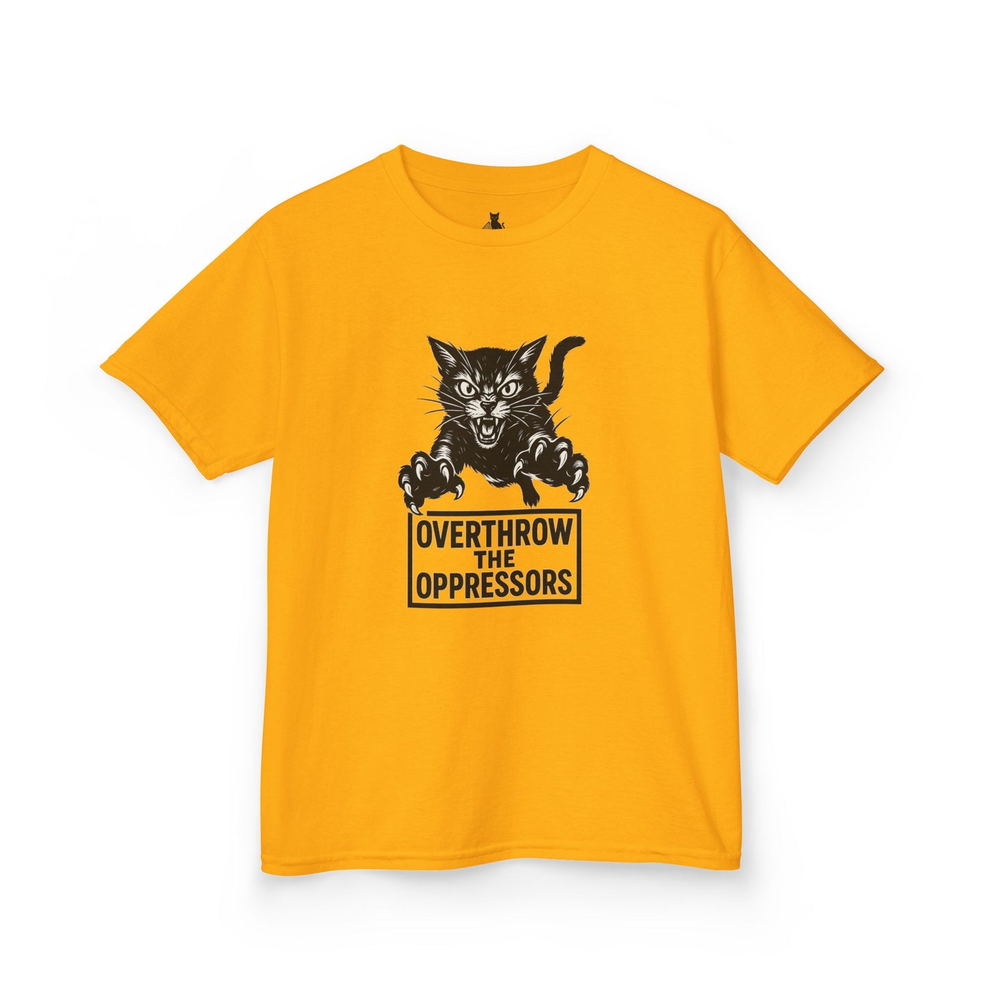 Rebel Cat Kids Tee - Overthrow the Oppressors, Funny Kids T-Shirt, Youth Graphic Tee, Gift for Animal Lovers, Cute Cat Shirt