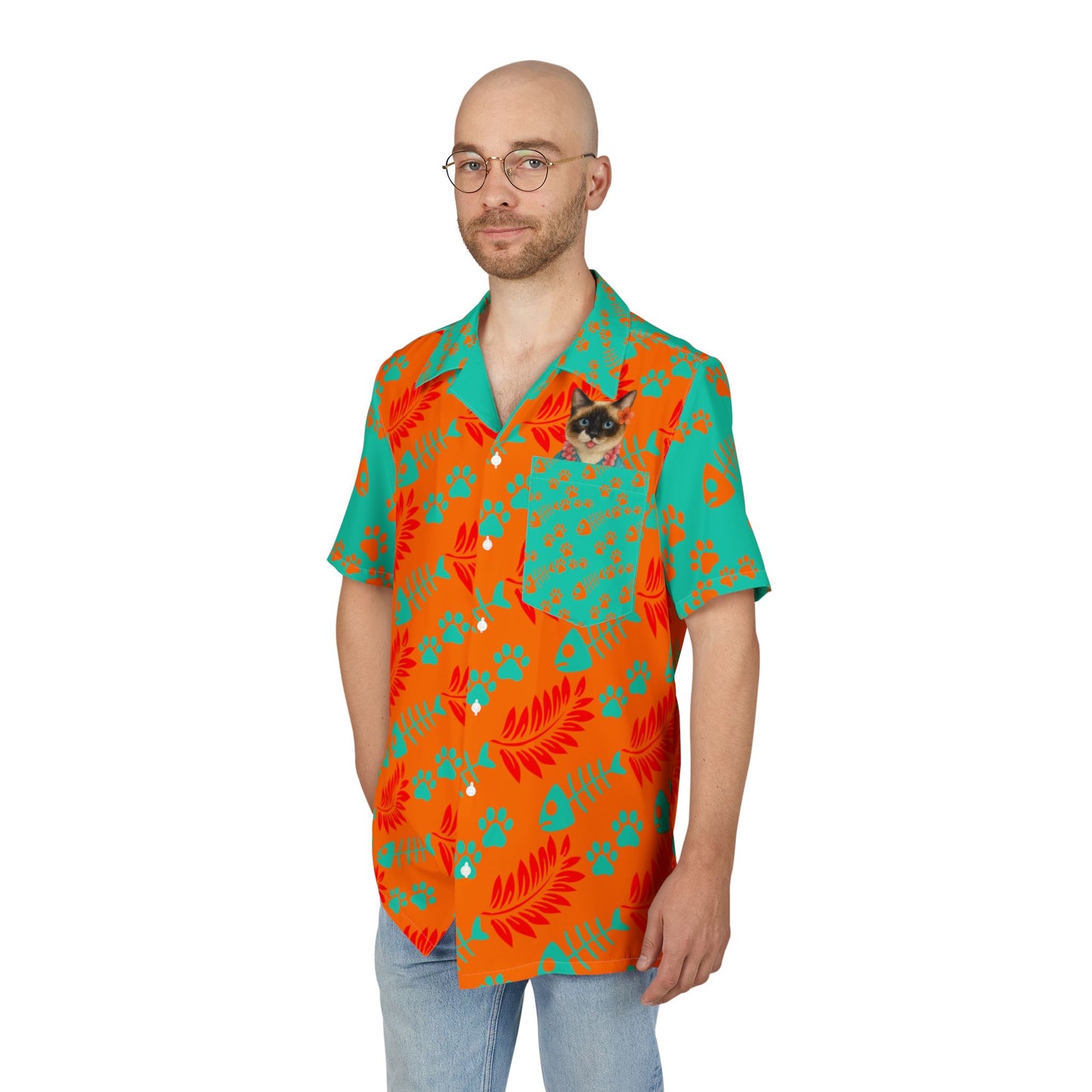 Hawaiian Cat Pocket Shirt — Tropical Cat Print Button-Down