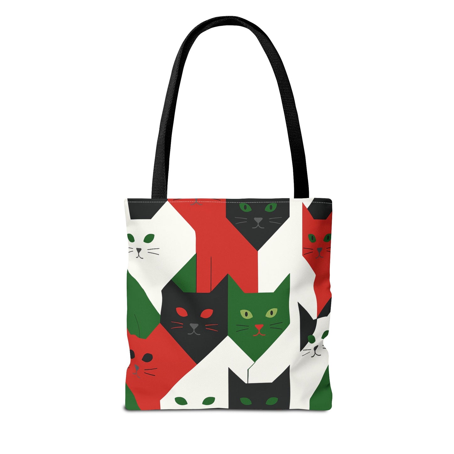 Cats Tote Bag: Red, Green & Black Geometric Cat Pattern All-Over Print Tote