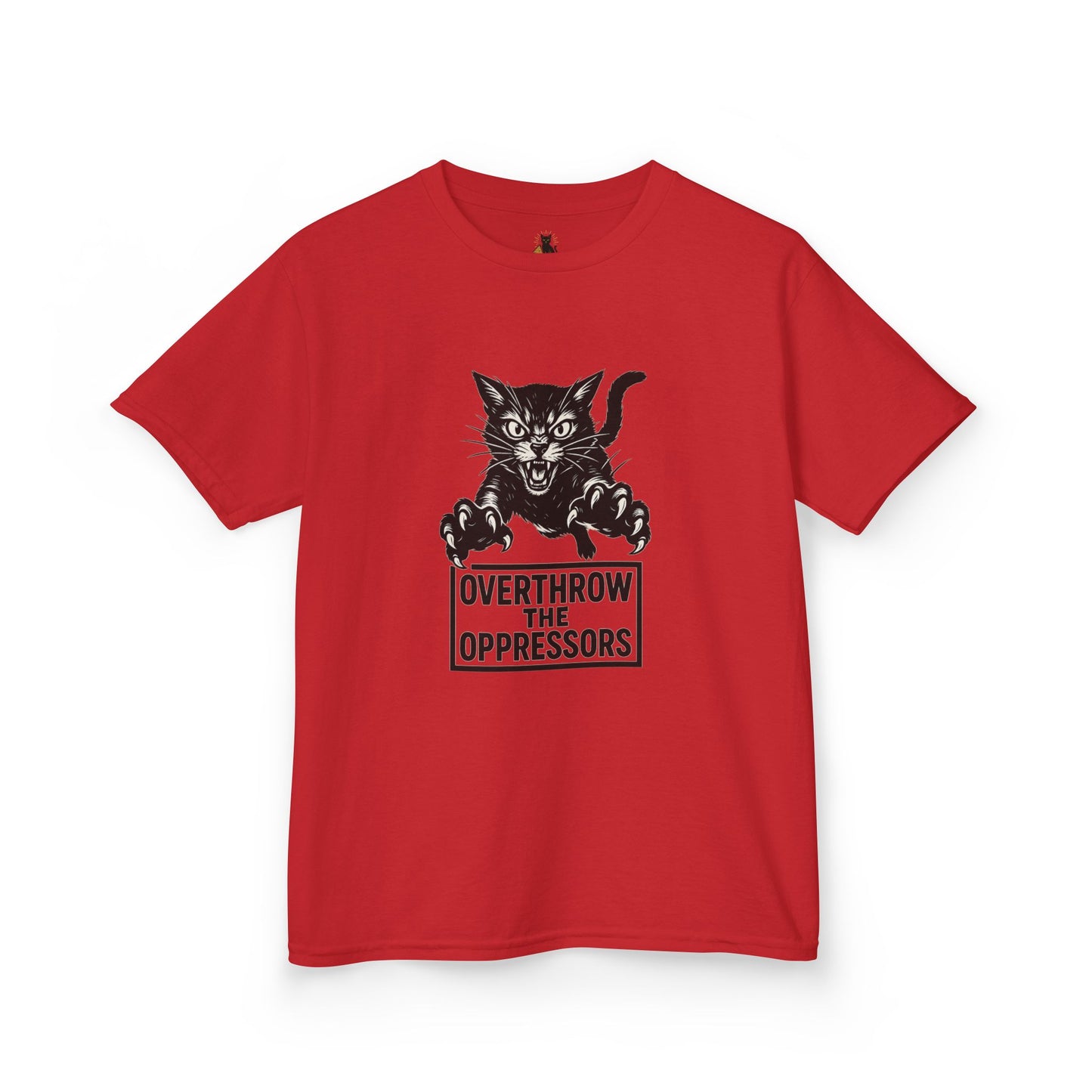 Rebel Cat Kids Tee - Overthrow the Oppressors, Funny Kids T-Shirt, Youth Graphic Tee, Gift for Animal Lovers, Cute Cat Shirt