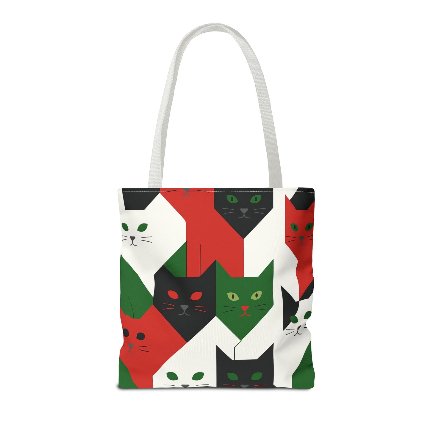 Cats Tote Bag: Red, Green & Black Geometric Cat Pattern All-Over Print Tote
