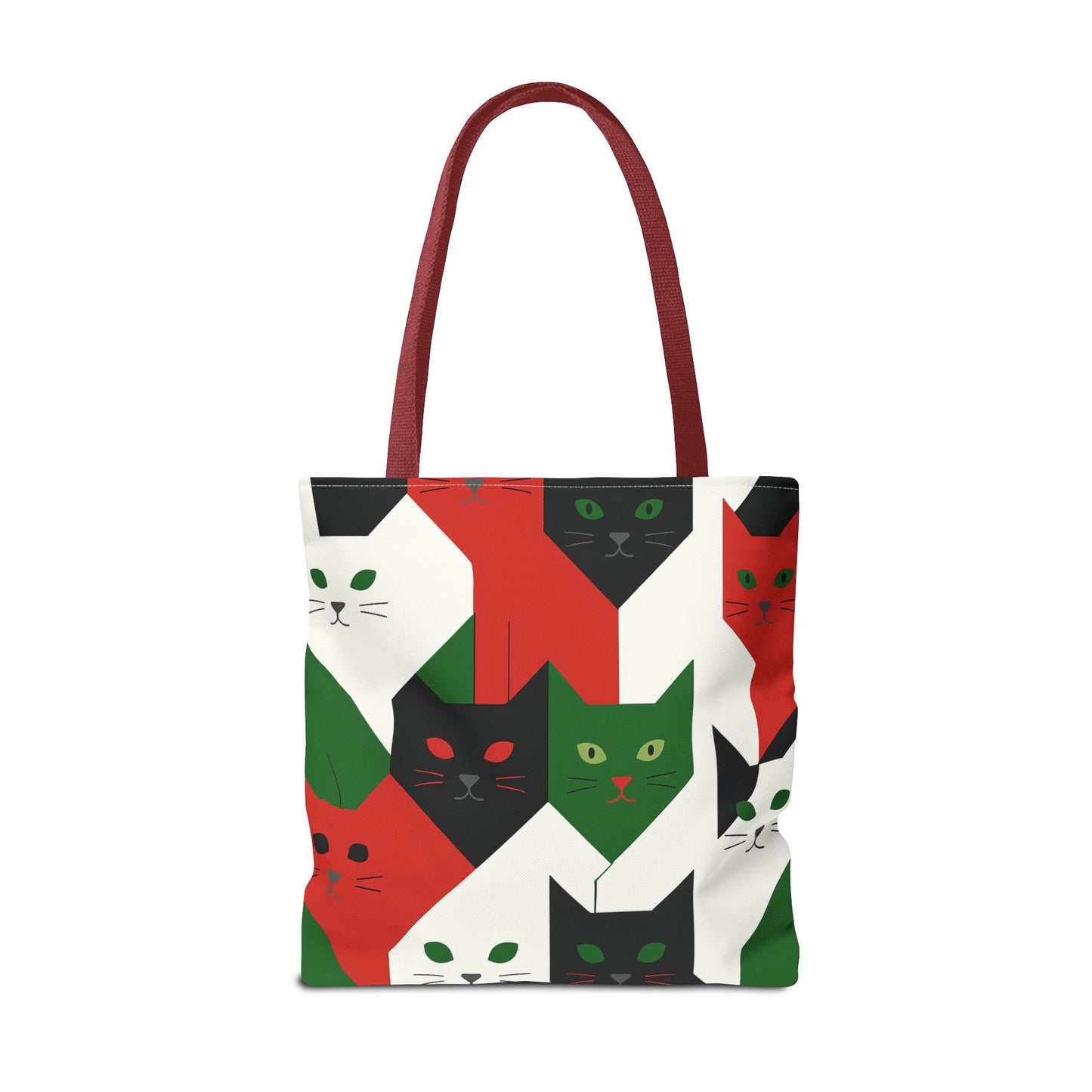 Cats Tote Bag: Red, Green & Black Geometric Cat Pattern All-Over Print Tote