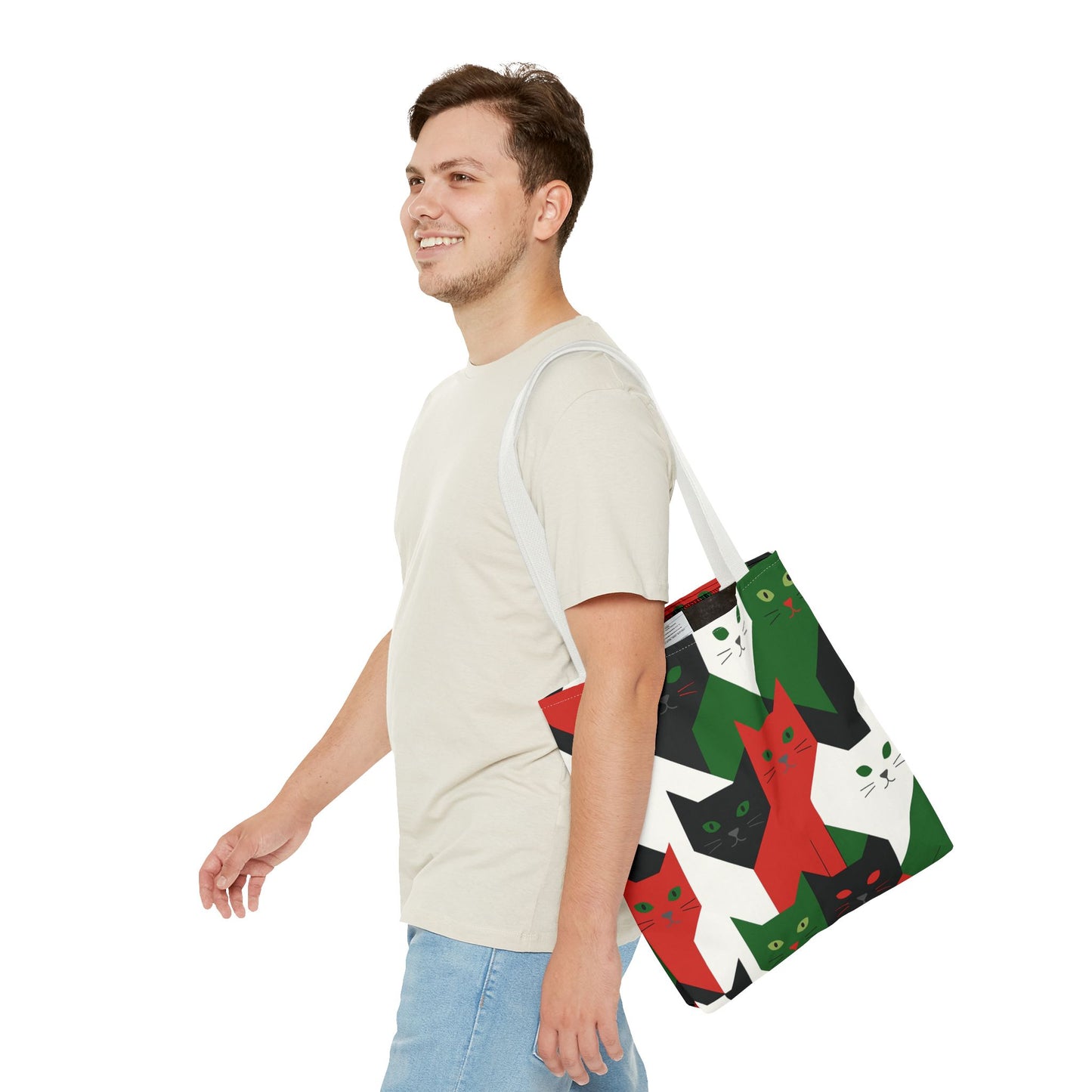 Cats Tote Bag: Red, Green & Black Geometric Cat Pattern All-Over Print Tote