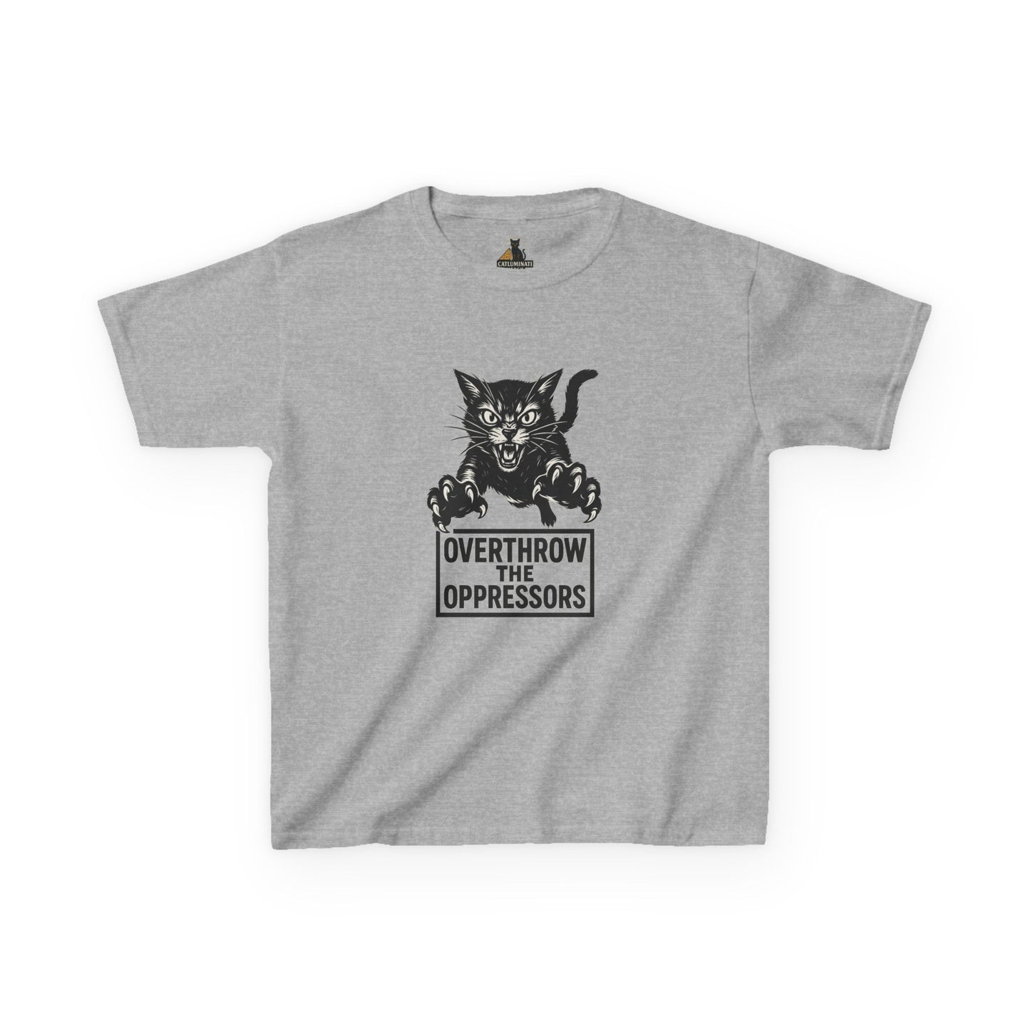 Rebel Cat Kids Tee - Overthrow the Oppressors, Funny Kids T-Shirt, Youth Graphic Tee, Gift for Animal Lovers, Cute Cat Shirt