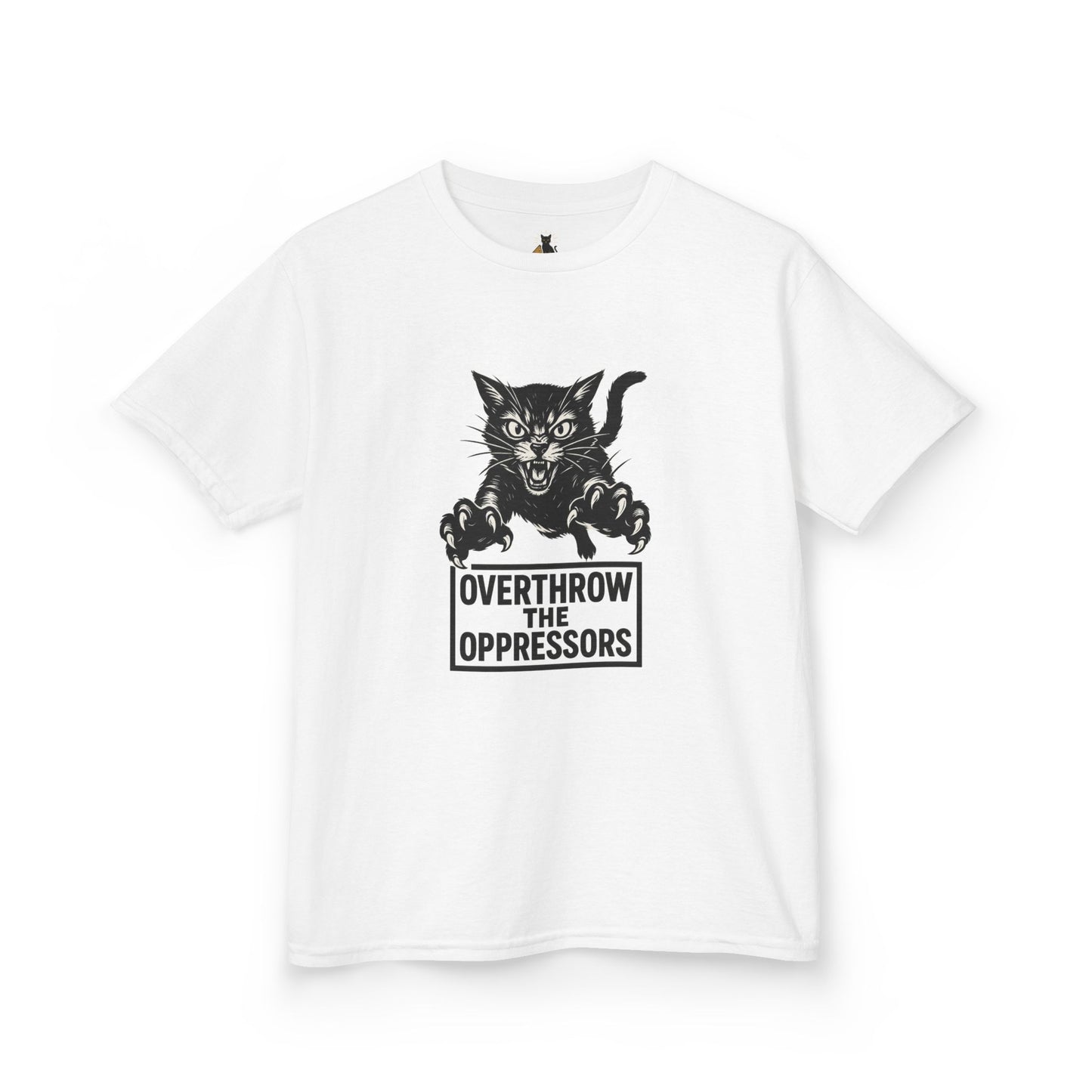 Rebel Cat Kids Tee - Overthrow the Oppressors, Funny Kids T-Shirt, Youth Graphic Tee, Gift for Animal Lovers, Cute Cat Shirt